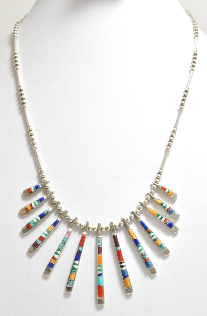 Dead Pawn Multi-Stone Inlay Sterling Silver Neckla: Dead Pawn Multi-Stone Inlay Sterling Silver Necklace - Marlene Watson SKU: ne0149 Measures 19" around. Pendants are all approximately 1/8" wide, and vary in height from 5/8" to 1-7/8". Stones present: