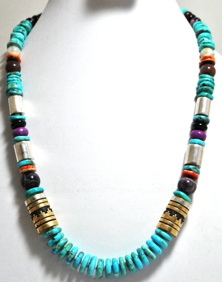 Navajo Multi-Stone Necklace with 12k Gold Fill & S: Navajo Multi-Stone Necklace with 12k Gold Fill & Sterling Silver - Tommy Singer SKU: ne0153 Measures 20" around. Stones/beads measure from 3/8" to 1/2" in diameter. Stones present: Turquoise, Sugilite