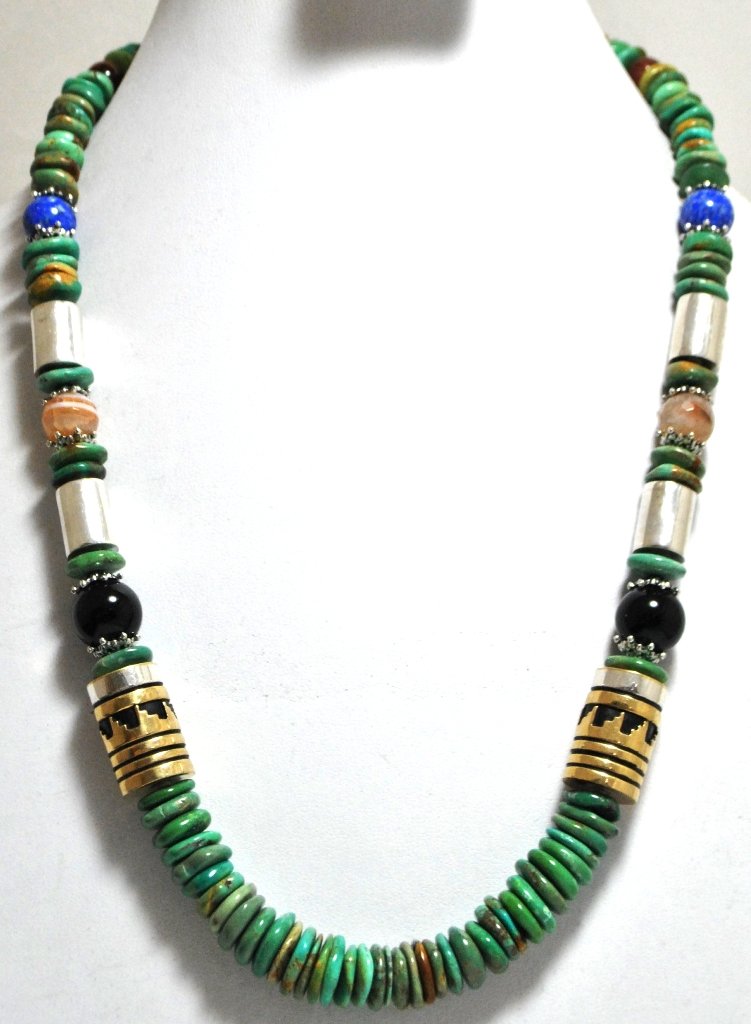 Navajo Multi-Stone Necklace with 12k Gold Fill & S: Navajo Multi-Stone Necklace with 12k Gold Fill & Sterling Silver - Tommy Singer SKU: ne0157 Measures 20" around. Stones/beads measure from 3/8" to 1/2" in diameter. Stones present: Green Turquoise, Ti