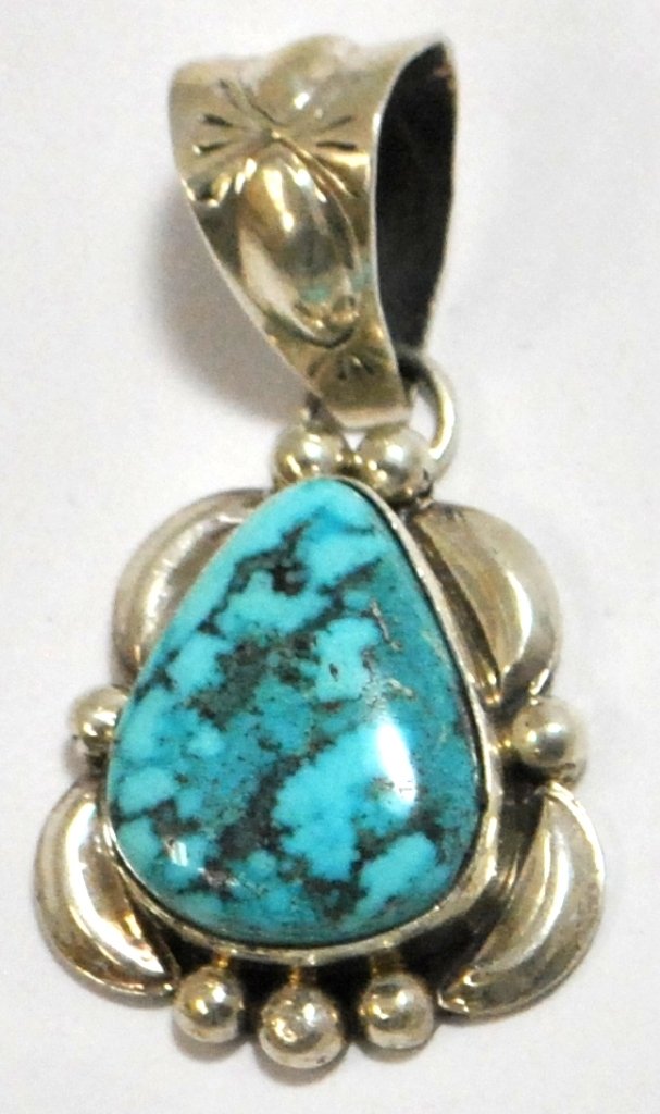 Navajo Spider Web #8 Turquoise Sterling Silver Pend: Navajo Spider Web #8 Turquoise Sterling Silver Pendant - Mary Ann Spencer SKU: pp0602 Measures 1-3/8 tall by 1" wide (including bale). Bale opening measures 3/8". 