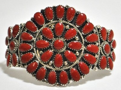 Navajo Coral Cluster Sterling Silver Cuff Bracelet: Navajo Coral Cluster Sterling Silver Cuff Bracelet - Juliana Williams SKU: br0552 Measures 5-1/4 around with a 1-1/4" gap, 2" wide. 
