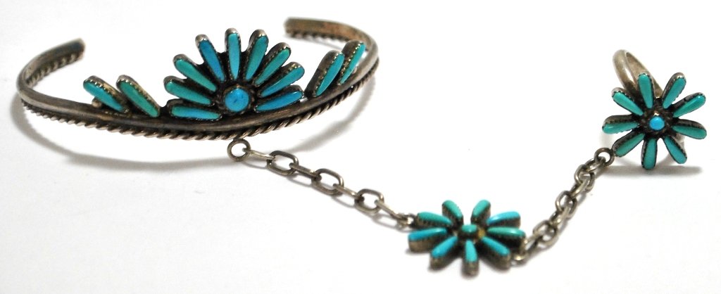 Old Pawn Turquoise Needlepoint Sterling Silver Sla: Old Pawn Turquoise Needlepoint Sterling Silver Slave Bracelet with Ring Bracelet measures 5-1/4 around with a 1-3/8" gap, 7/8" wide. Pendant measures 3/4" in diameter; ring face measures 5/8" in diame