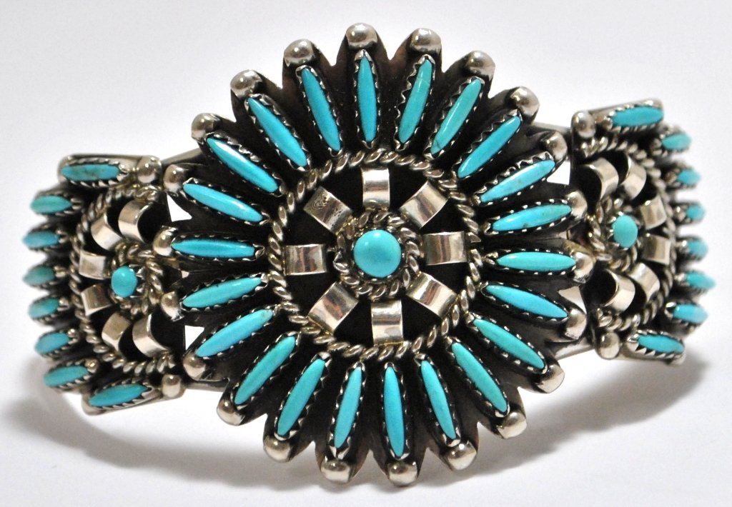 Old Pawn Turquoise Needlepoint Sterling Silver Cuf: Old Pawn Turquoise Needlepoint Sterling Silver Cuff Bracelet - CJ Measures 5-5/8" around with a 1-1/8" gap, 1-1/2" wide. Weight: 31.9g SKU: br1039