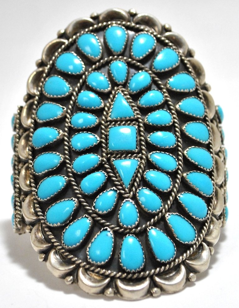 Old Pawn Zuni Turquoise Cluster Sterling Silver Cu: Old Pawn Zuni Turquoise Cluster Sterling Silver Cuff Bracelet - Danny L. Wauneka Measures 5-3/4" around with a 7/8" gap, 3-3/4" wide. Weight: 62.6g SKU: br1047