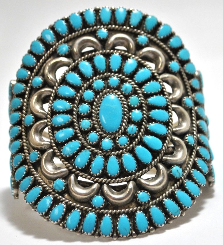 Old Pawn Navajo Turquoise Cluster Sterling Silver : Old Pawn Navajo Turquoise Cluster Sterling Silver Cuff Bracelet - Larry Moses Begay Measures 5-3/4" around with a 1" gap, 3-1/4" wide. Weight: 79.3g SKU: br1048