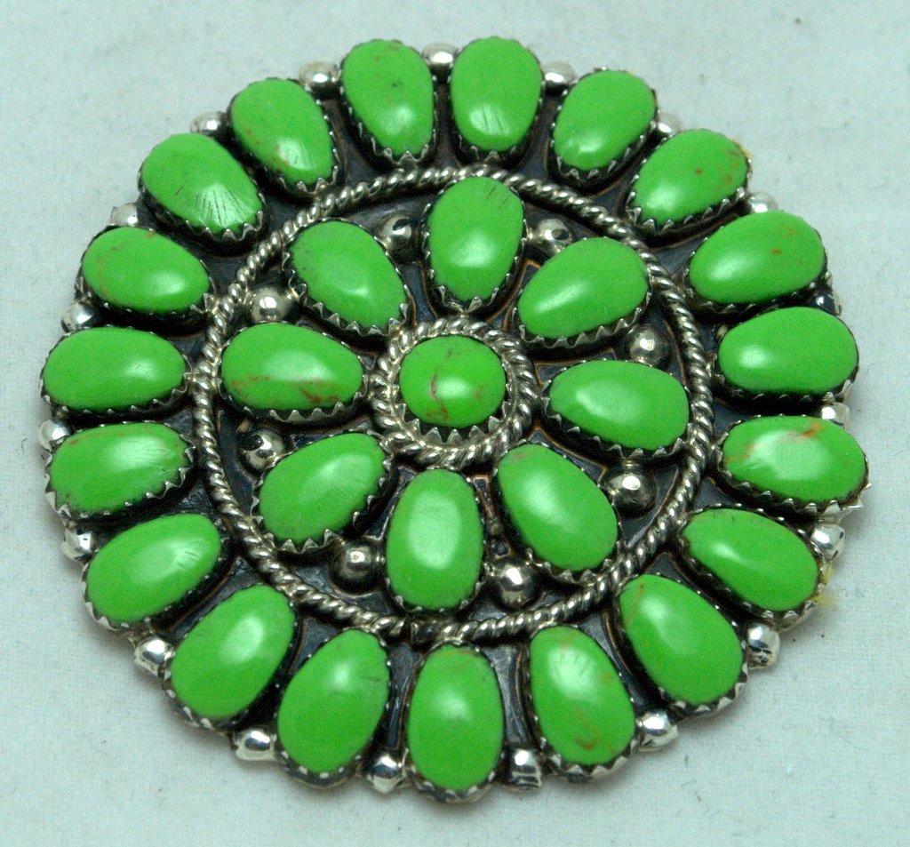 Navajo Green Turquoise Medium Circle Large Stone P: Navajo Green Turquoise Medium Circle Large Stone Pendant & Pin - Juliana Williams Measures 1-7/8" tall by 1-7/8" wide. Pin on back measures 1". SKU: pp0007