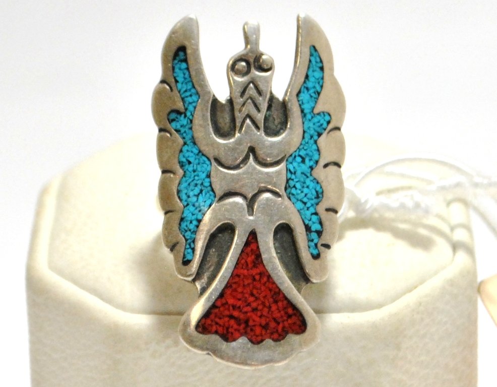 Old Pawn Coral & Turquoise Inlay Bird Sterling Sil: Old Pawn Coral & Turquoise Inlay Bird Sterling Silver Women's Ring - Y Face measures 1-1/2" tall by 7/8" wide. Size: 6.5 Weight: 8.8g SKU: rw0073
