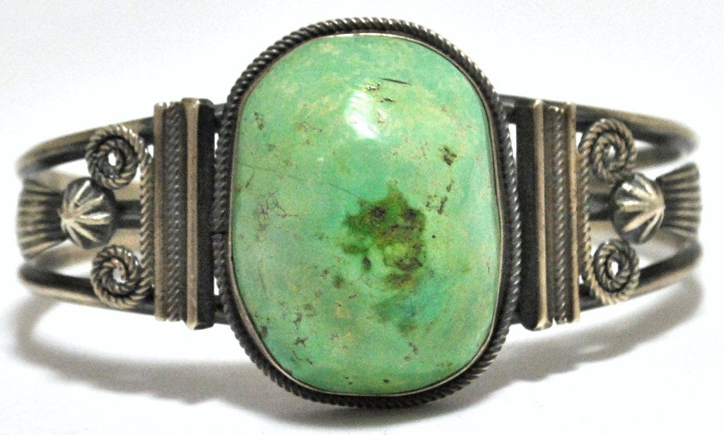 Old Pawn Green Turquoise Sterling Silver Cuff Bracelet : Old Pawn Green Turquoise Sterling Silver Cuff Bracelet - M Measures 5-3/4 around with a 1-1/8" gap, 1-3/8" wide. Weight: 44.1g SKU: br1094"