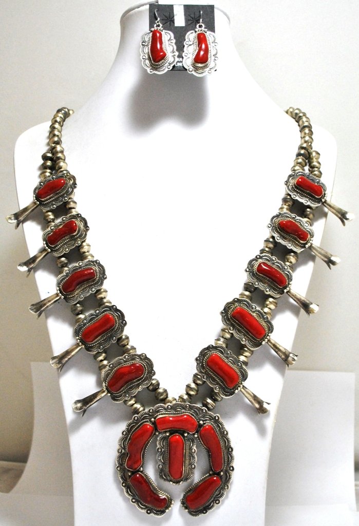 Old Pawn Navajo Mediterranean Coral Sterling Silver Squ: Old Pawn Navajo Mediterranean Coral Sterling Silver Squash Blossom Necklace & Earrings Set - Running Bear Necklace measures 30 around by 3/8" wide. Naja measures 2-1/2" tall by 2-5/8" wide. Ten blosso