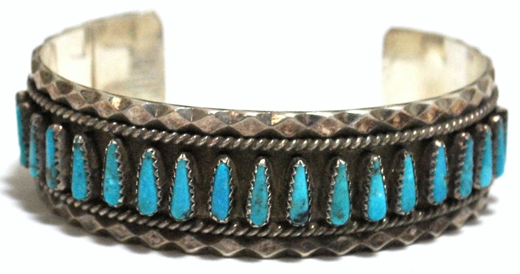 Old Pawn Navajo Turquoise Needlepoint Sterling Silver C: Old Pawn Navajo Turquoise Needlepoint Sterling Silver Cuff Bracelet - Tommy Lowe Measures 5-7/8 around with a 1-3/8" gap, 7/8" wide. Weight: 44.6g SKU: br1114"