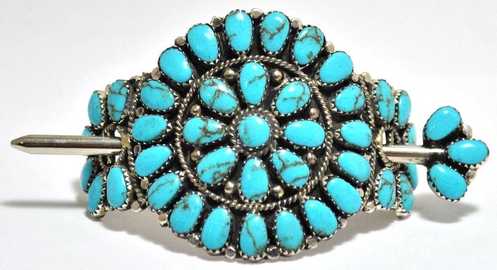 Navajo Turquoise Cluster Sterling Silver Hair Barrette : Navajo Turquoise Cluster Sterling Silver Hair Barrette - Juliana Williams Measures 2 tall by 2-3/4" wide by 1" deep excluding pin. Pin measures 3/4" wide by 3-3/4" long. Weight: 26.5g SKU: hb0016"