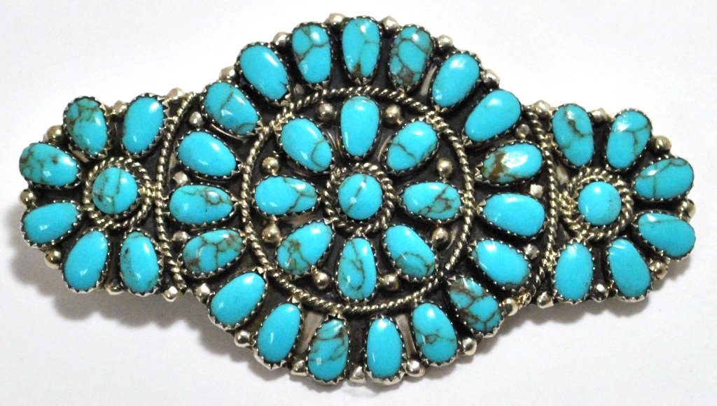 Navajo Turquoise Cluster Sterling Silver Hair Barrette : Navajo Turquoise Cluster Sterling Silver Hair Barrette - Juliana Williams Measures 2 tall by 3-1/2" wide. Barrette on back measures 2" long. Weight: 23.1g SKU: hb0019"