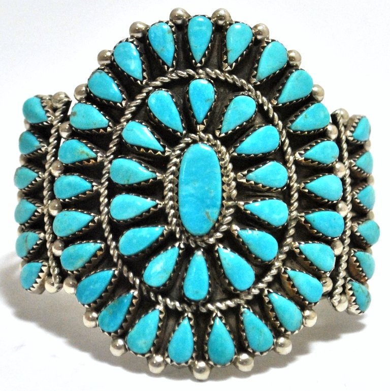 Old Pawn Turquoise Petit Point Cluster Sterling Silver : Old Pawn Turquoise Petit Point Cluster Sterling Silver Cuff Bracelet - JB Measures 5-1/2 around with a 7/8" gap, 2-1/4" wide. Weight: 45.6g SKU: br1106"