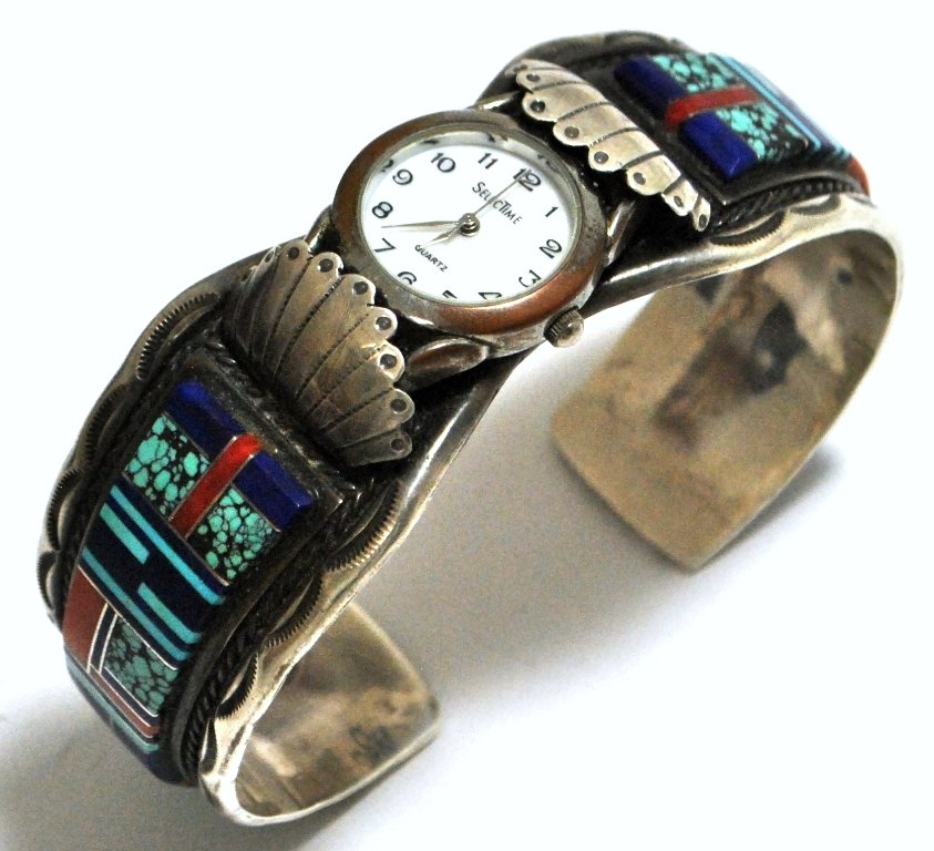 Dead Pawn Multi-Stone Inlay Sterling Silver Cuff Bracel: Dead Pawn Multi-Stone Inlay Sterling Silver Cuff Bracelet Men's Watch - VHY Measures 7-3/4 around with a 1-1/16" gap, 1-1/4" wide. Watch needs new battery (SelecTime face). Stones present: Coral, Turq