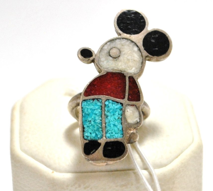 Old Pawn Multi-Stone Inlay Mickey Mouse Sterling Silver: Old Pawn Multi-Stone Inlay Mickey Mouse Sterling Silver Women's Ring Face measures 1-5/8 tall by 7/8" wide. Size: 6 Weight: 13.2g SKU: rw0066"