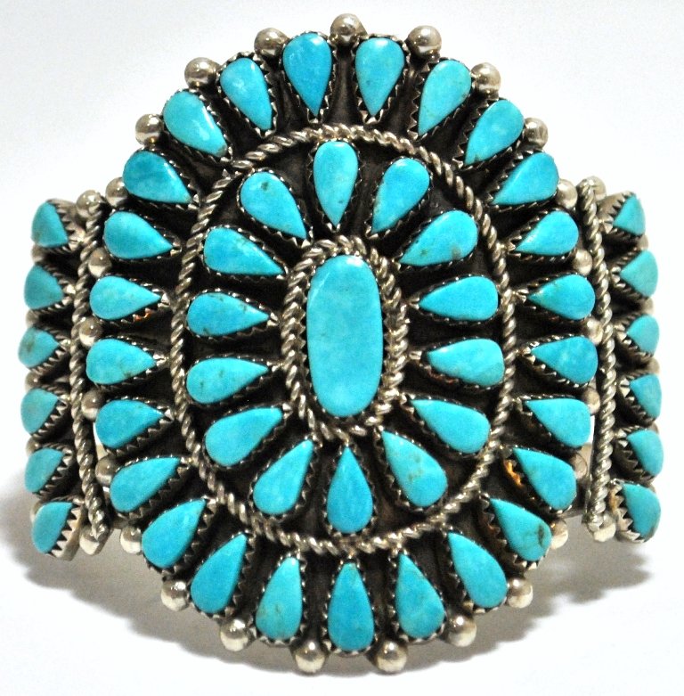 Old Pawn Turquoise Petit Point Cluster Sterling Silver : Old Pawn Turquoise Petit Point Cluster Sterling Silver Cuff Bracelet - JB Measures 5-1/2 around with a 3/4" gap, 2-1/4" wide. Weight: 45.8g SKU: br1107"