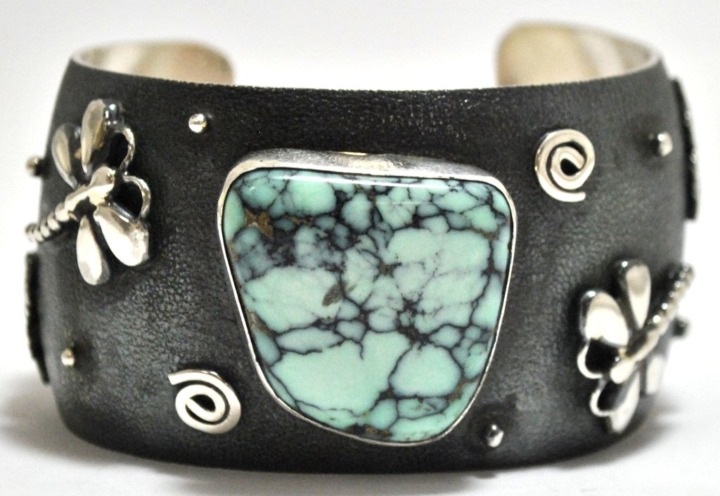 Old Pawn Navajo New Lander Turquoise Sterling Silver Cu: Old Pawn Navajo New Lander Turquoise Sterling Silver Cuff Bracelet - Emer Thompson Measures 6 around with a 1-1/8" gap, 1-1/2" wide. Weight: 74.1g SKU: br1131"