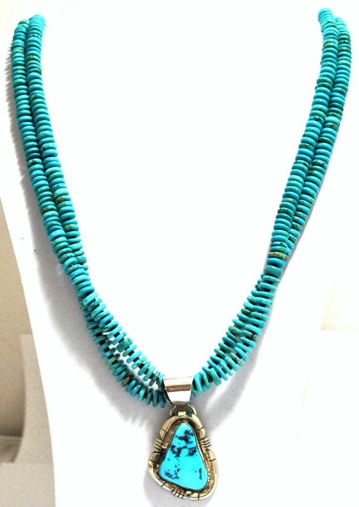 Old Pawn 2-Strand Turquoise & Shell Sterling Silver Nec: Old Pawn 2-Strand Turquoise & Shell Sterling Silver Necklace Measures 30 around by 1/8" wide per shell strand, 3/8" wide per turqouise strand. Pendant measures 2-1/4" tall by 1-1/4" wide including bal