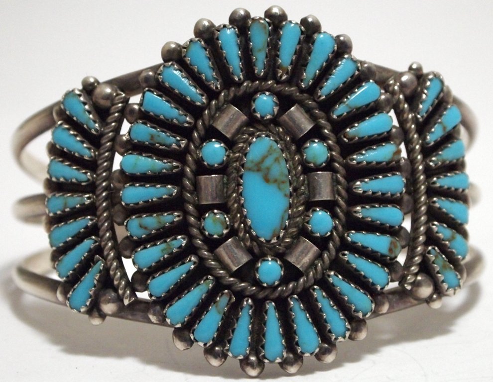 Old Pawn Zuni Turquoise Needlepoint Sterling Silver Cuf: Old Pawn Zuni Turquoise Needlepoint Sterling Silver Cuff Bracelet - A & V N Measures 5-3/8 around with a 3/4" gap, 1-5/8" wide. Weight: 29.2g SKU: br1200"