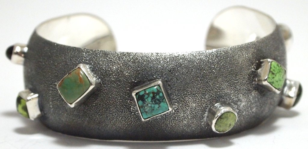Old Pawn Navajo Multi-Stone Sterling Silver Cuff Bracel: Old Pawn Navajo Multi-Stone Sterling Silver Cuff Bracelet - Brenda Barbone & Nikai Measures 5-5/8 around with a 1" gap, 3/4" wide. Made by Brenda Barbone under the instruction of Gilo and Grace Nakai.