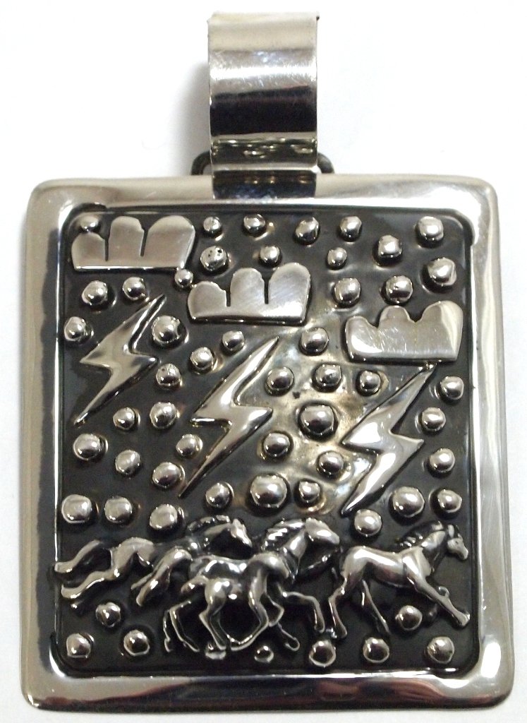 Old Pawn Navajo Sterling Silver Lightning & Horses Pend: Old Pawn Navajo Sterling Silver Lightning & Horses Pendant - Emer Thompson Measures 2-5/8 tall by 1-3/4" wide including bale. Bale opening measures 9/16". Weight: 30.4g SKU: pp0695"