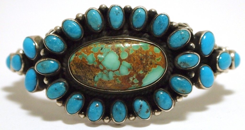 Old Pawn Navajo Pilot Mountain Turquoise & Sleeping Bea: Old Pawn Navajo Pilot Mountain Turquoise & Sleeping Beauty Cluster Sterling Silver Cuff Bracelet - Darrell Cadman Measures 5-1/4" around with a 1" gap, 1-1/4" wide. Weight: 52.4g SKU: br1251