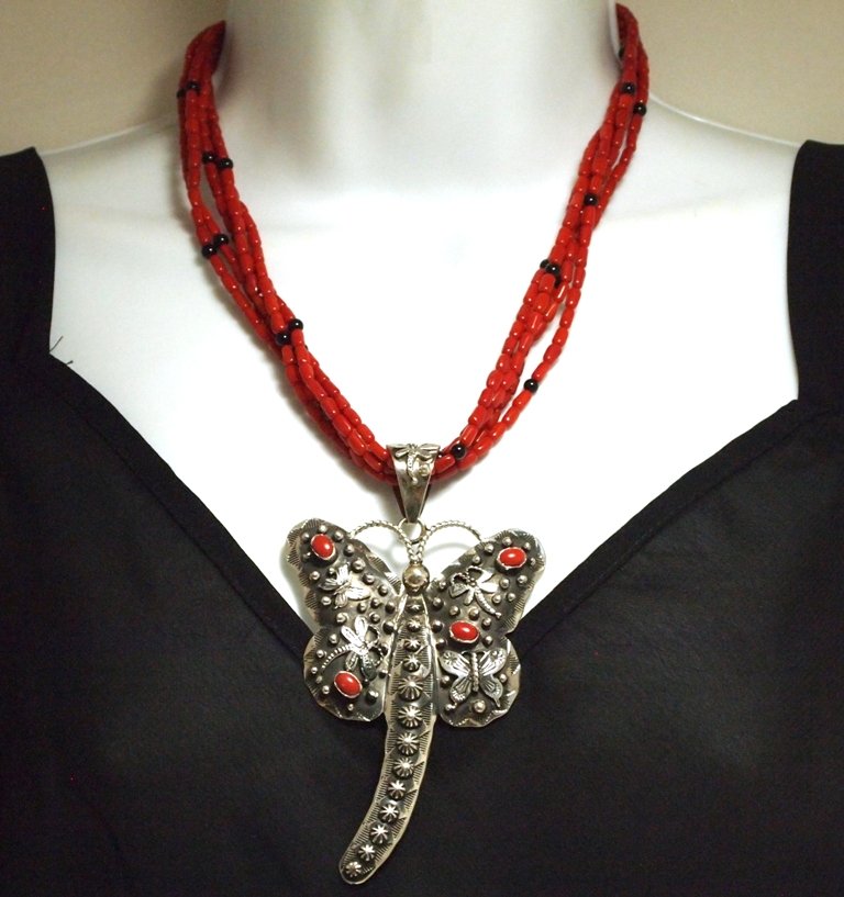 Navajo Coral & Onyx 5-Strand Sterling Silver: Navajo Coral & Onyx 5-Strand Sterling Silver Dragonfly Necklace - Emer Thompson Measures 9 around by 1/8" wide per strand, approximately 3/8" wide all strands together. Pendant measures 4-1/2" tall by
