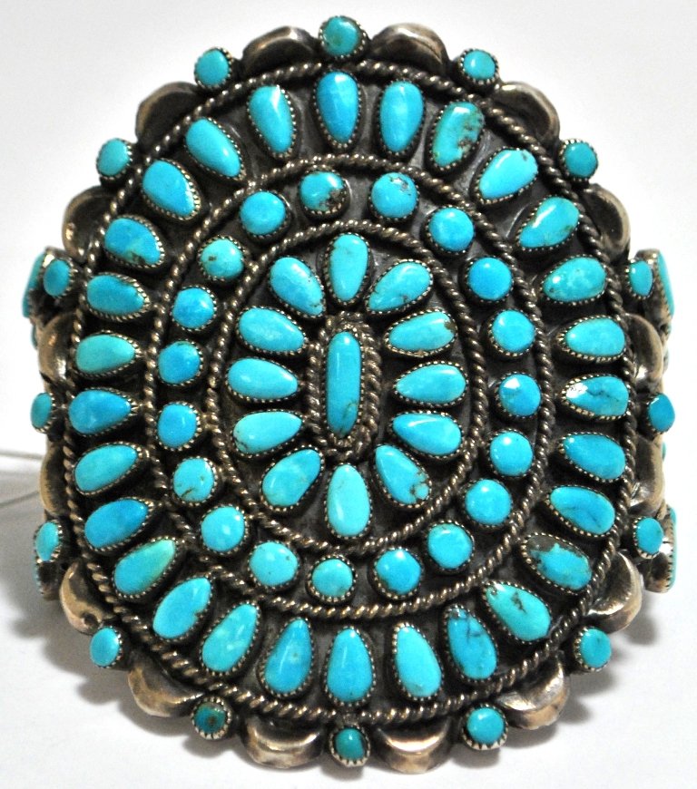 Old Pawn Turquoise Needlepoint Sterling Silver Cuff Bra: Old Pawn Turquoise Needlepoint Sterling Silver Cuff Bracelet - MN? Measures 5-3/8 around with a 1-3/8" gap, 3-3/8" wide. Weight: 95.7g SKU: br0911"