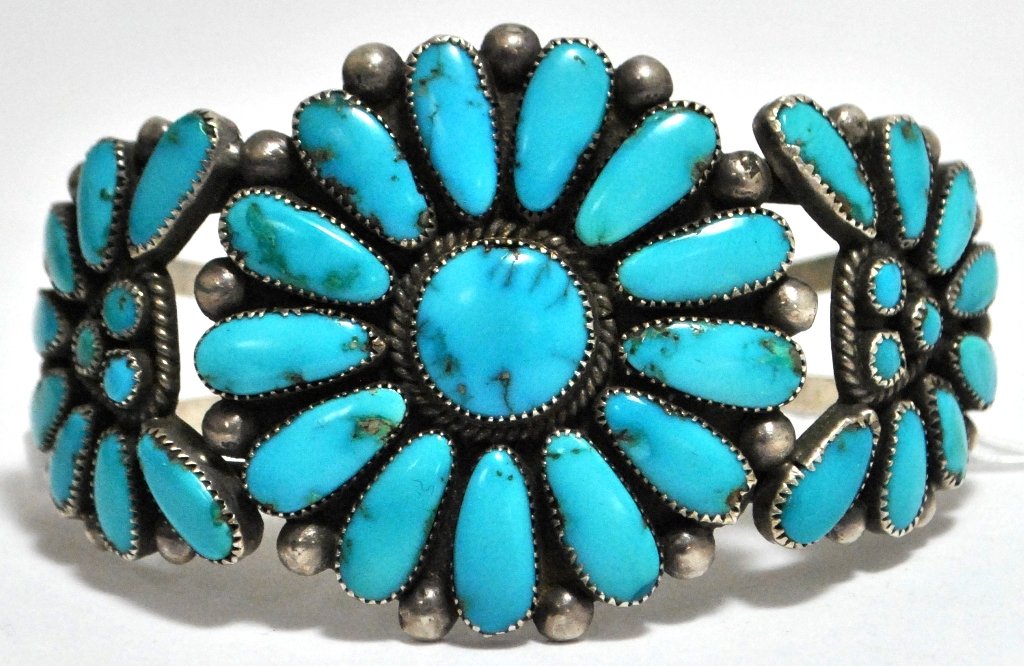 Old Pawn Turquoise Needlepoint Sterling Silver Cuff Bra: Old Pawn Turquoise Needlepoint Sterling Silver Cuff Bracelet - Julie O. Lahi Measures 5-1/2 around with a 1-1/4" gap, 1-3/4" wide. Weight: 38.2g SKU: br0896"