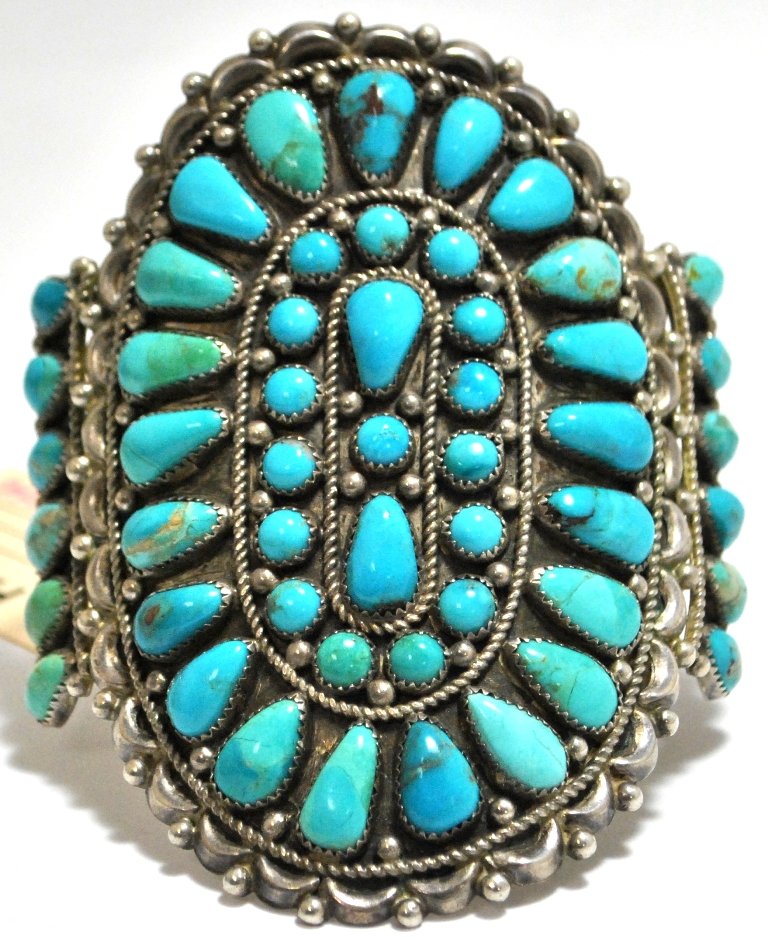 Old Pawn Turquoise Needlepoint Sterling Silver Cuff Bra: Old Pawn Turquoise Needlepoint Sterling Silver Cuff Bracelet Measures 6 around with a 1-1/8" gap, 4" wide. Weight: 96.9g SKU: br0913"