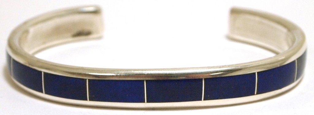 Zuni Lapis Lazuli Inlay Sterling Silver Cuff Bracelet -: Zuni Lapis Lazuli Inlay Sterling Silver Cuff Bracelet - Larry Loretto Measures 5-1/2 around with a 1-1/4" gap, 3/8" wide. Weight: 29.6g SKU: br1408"