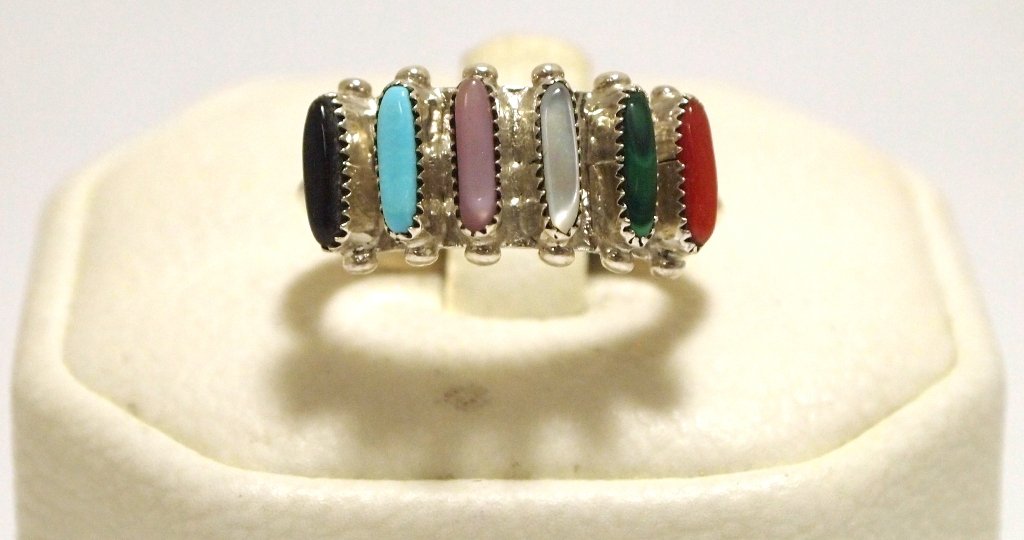 Zuni Multi-Stone Petit Point Sterling Silver Women's Ri: Zuni Multi-Stone Petit Point Sterling Silver Women's Ring - Janice Paloma Face measures 3/8" tall by 1-1/8" wide/around. Band measures 1/8" wide, size: 6.5. Stones present: Malachite, Mother of Pearl,