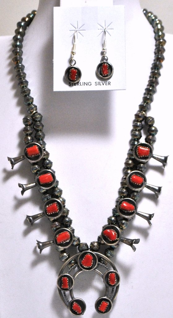 Navajo Coral Sterling Silver Squash Blossom Necklace & : Navajo Coral Sterling Silver Squash Blossom Necklace & Earrings Set - Phil & Lenore Garcia Measures 17 around. Naja measures 1-3/8" tall by 1-3/8" wide. Blossoms measure 7/8" tall by 1/2" wide. Weight