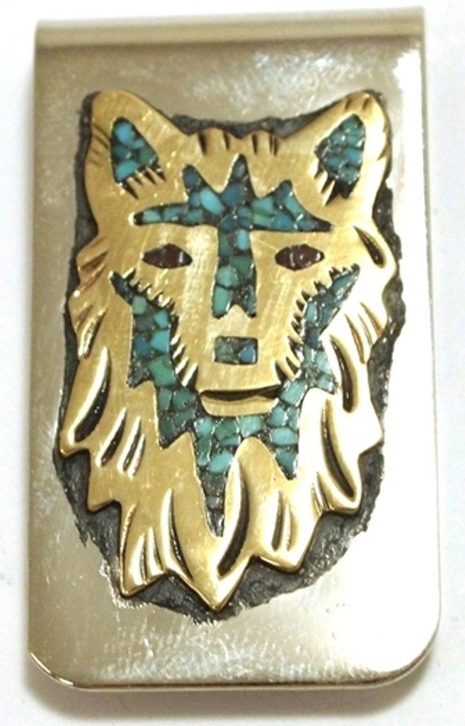 Navajo Turquoise & 12k Gold Fill Wolf Money Clip - Rich: Navajo Turquoise & 12k Gold Fill Wolf Money Clip - Richard Singer Measures 1 tall by 1-3/4" wide.Note: Money clips are nickel or stainless steel as purchased by the artist. The work on top of the mone