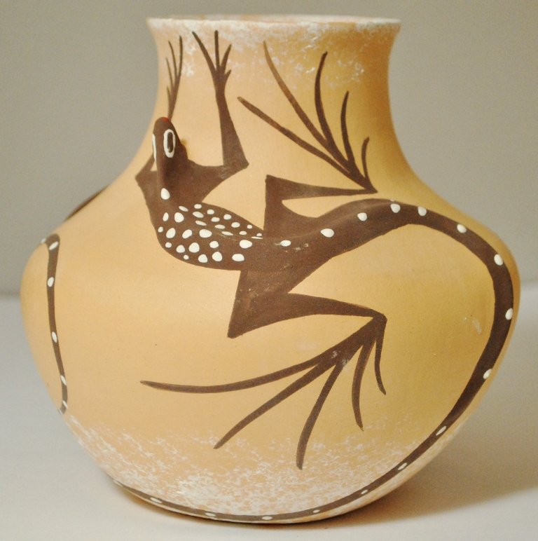 Zuni Two Lizard Pottery - Tara Edaakie: Zuni Two Lizard Pottery - Tara Edaakie Height: 5-1/8 Opening Width: 2" (inside), 2-5/8" (rim) Maximum Width: 5-3/4" Bottom Width: 2-3/4" Our shipping costs for pottery are $8.99 within the U.S.