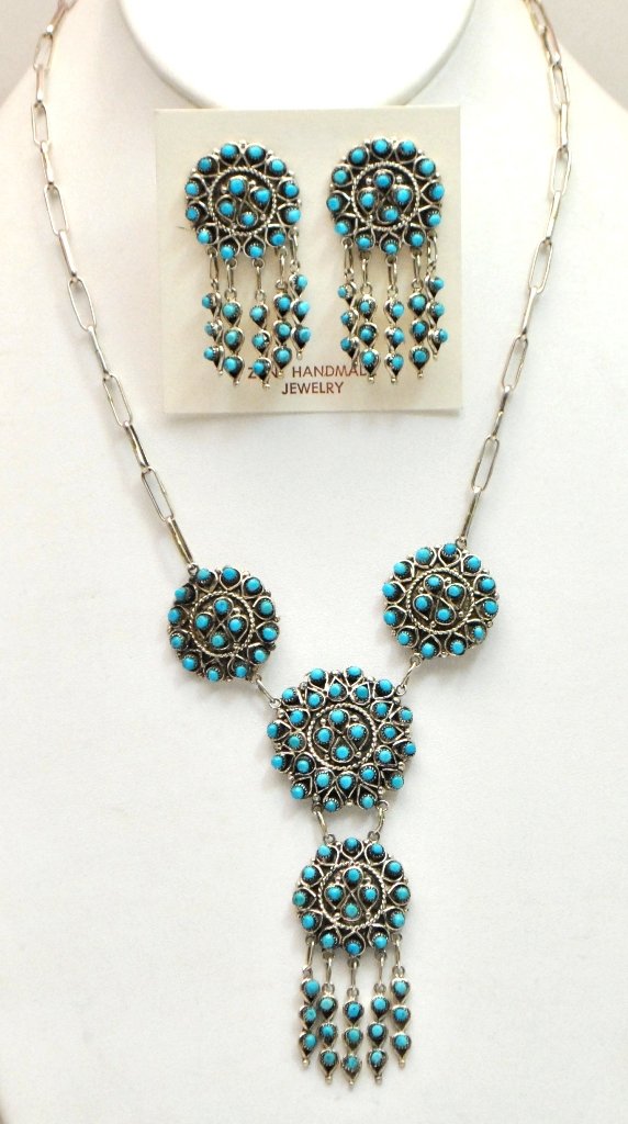 Zuni Turquoise Petit Point Sterling Silver Necklace & E: Zuni Turquoise Petit Point Sterling Silver Necklace & Earrings Set - Wayne Johnson Measures 18 around. Smaller circular pendants measure 1" in diameter; larger center one measures 1-1/8" in diameter. 