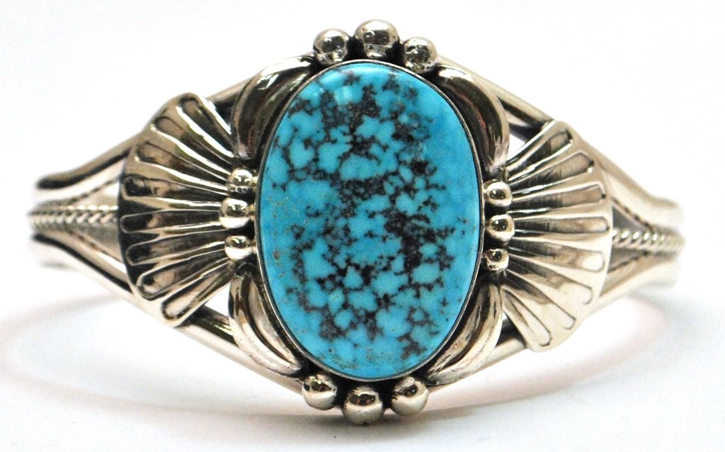 Navajo Spider Web Kingman Turquoise Sterling Silver Cuf: Navajo Spider Web Kingman Turquoise Sterling Silver Cuff Bracelet - Mary Ann Spencer Measures 5-1/2 around with a 7/8" gap, 1-3/8" wide. Weight: 31.9g SKU: br0497"