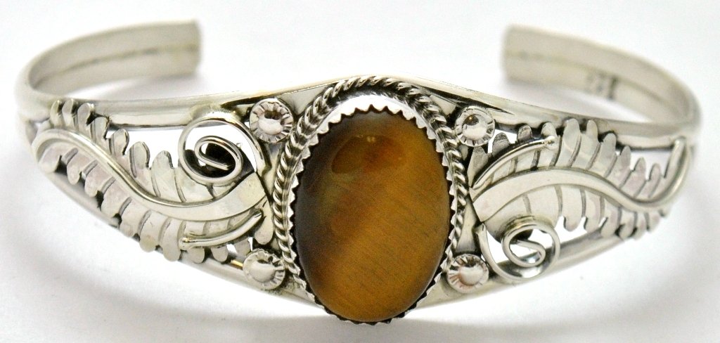 Navajo Tiger's Eye Sterling Silver Bracelet - Yazzie: Navajo Tiger's Eye Sterling Silver Bracelet - Yazzie Measures 5-1/4 around with a 1-1/4" gap, 7/8" wide. Weight: 13g SKU: br0305"