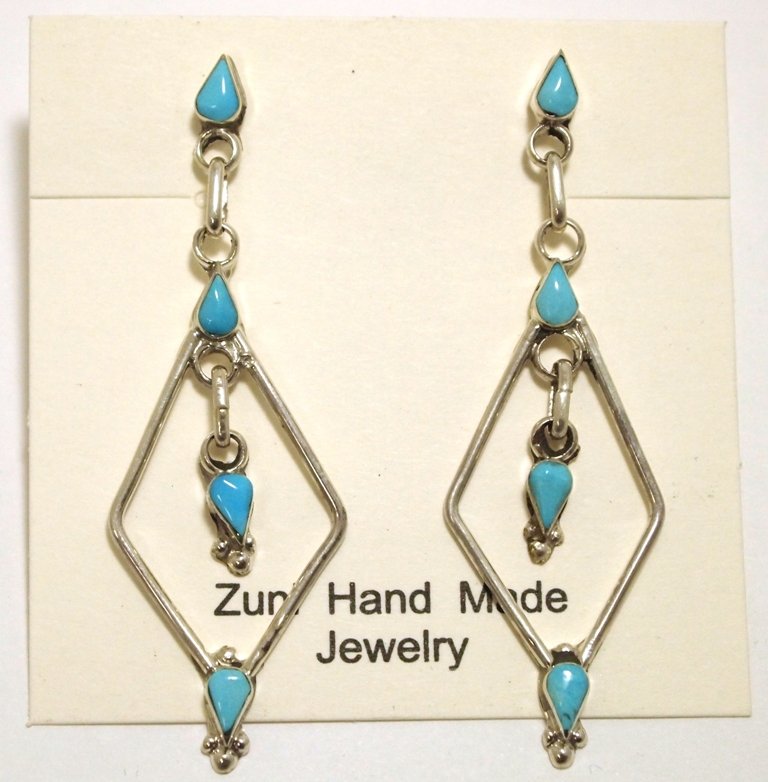 Zuni Turquoise Sterling Silver Post Earrings - Jennifer: Zuni Turquoise Sterling Silver Post Earrings - Jennifer Lonjose Measure 2-3/8 tall by 3/4" wide. Weight: 5.2g SKU: ea0401"