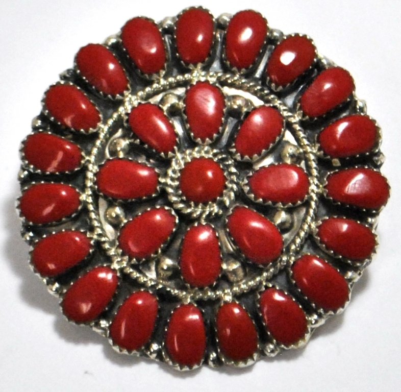 Navajo Coral Cluster Sterling Silver Pendant & Pin - Ju: Navajo Coral Cluster Sterling Silver Pendant & Pin - Juliana Williams Measures 2 tall by 2" wide. Pendant hanger opening measures 1/16". Pin on back measures around 1". Weight: 12.7g SKU: pp0644"