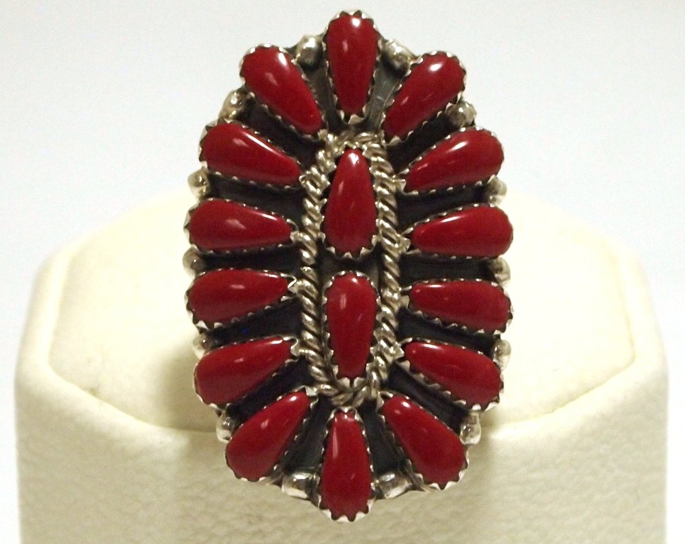 Navajo Coral Needlepoint Sterling Silver Women's Ring -: Navajo Coral Needlepoint Sterling Silver Women's Ring - Renee Williams Face measures 1-3/8 tall by 1" wide/around. Band measures 3/32" wide, size: 7.25 Weight: 5.9g SKU: rw0309"