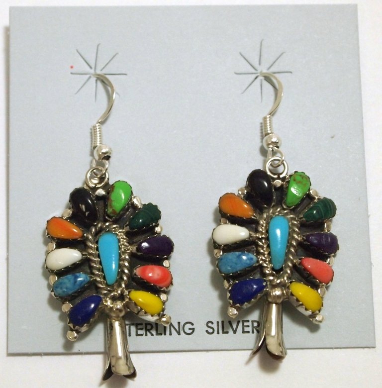 Navajo Multi-Stone Sterling Silver Squash Blossom Frenc: Navajo Multi-Stone Sterling Silver Squash Blossom French Hook Earrings - Lisa Williams Measure 2 tall by 7/8" wide. Stones present: Lapis Lazuli, Denim Lapis, Spiny Oyster, Black Jet, Gaspeite, Malach