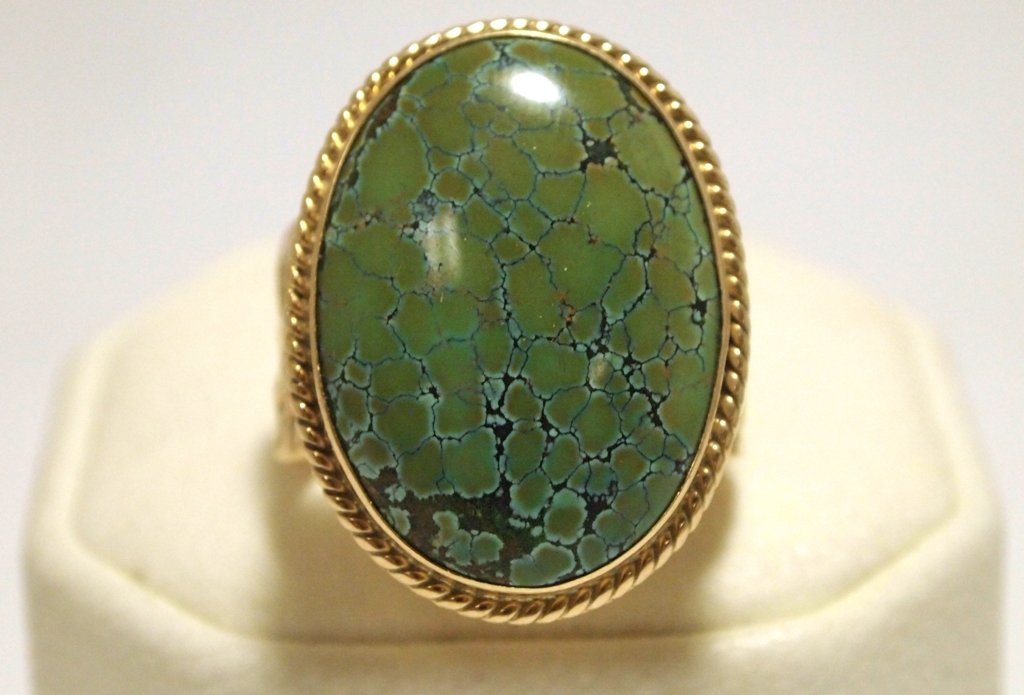 Old Pawn Navajo Spider Web King Fox Turquoise 14k Gold: Old Pawn Navajo Spider Web King Fox Turquoise 14k Gold Men's Ring - Kirk Smith Stone measures 1 tall by 3/4" wide. Face measures 1-1/8" tall by 7/8" wide. Band measures from 1/8" to 1/2" wide, size: 9