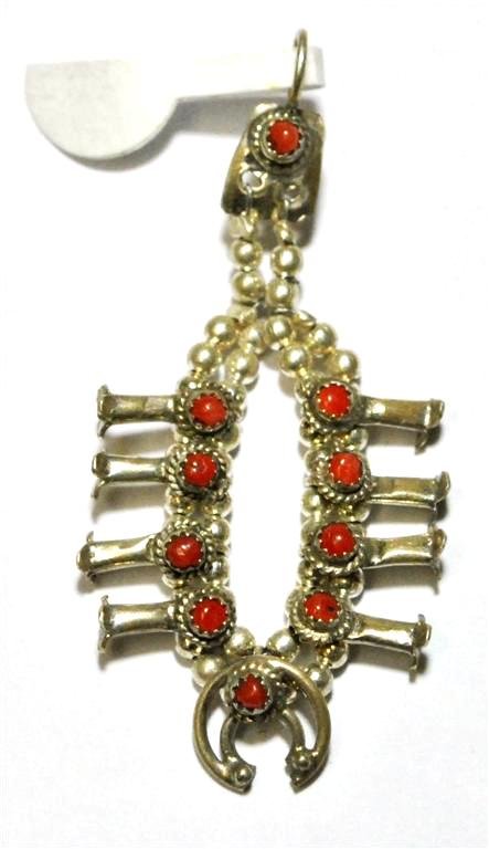 Navajo Coral Sterling Silver Squash Blossom Pendant - L: Navajo Coral Sterling Silver Squash Blossom Pendant - Larry Curley Measures 2-1/8 tall by 1-1/8" wide. SKU: pp0097"