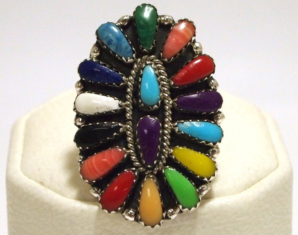 Navajo Multi-Stone Cluster Sterling Silver Women's Ring: Navajo Multi-Stone Cluster Sterling Silver Women's Ring - Juliana Williams Face measures 1-1/2 tall by 1" wide. Band measures 1/16" wide, size: 5.5 Weight: 5.8g SKU: rw0378"