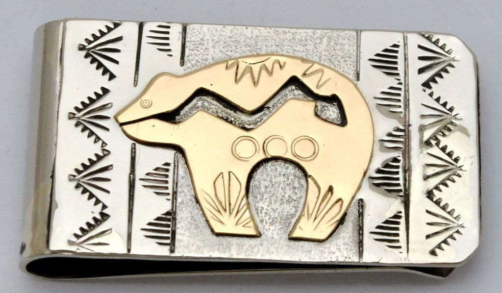Navajo 12k Gold Fill Over Sterling Silver Bear Money Cl: Navajo 12k Gold Fill Over Sterling Silver Bear Money Clip - Roger Jones Measures 1-3/4 tall by 1" wide. Note: Money clips are nickel or stainless steel as purchased by the artist. The work on t