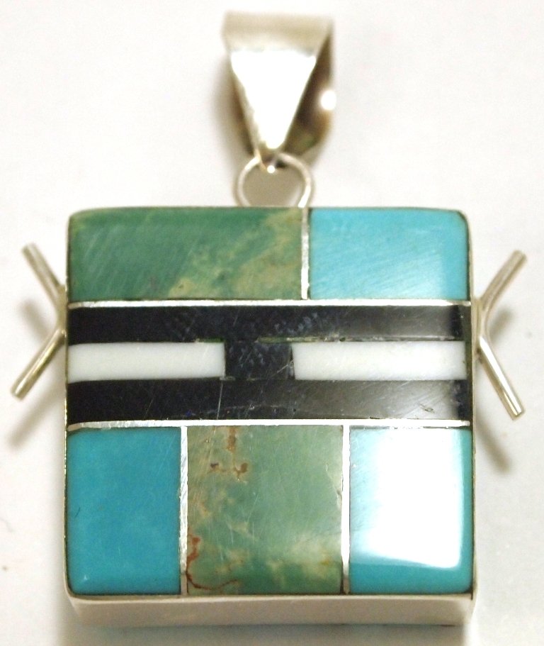 Navajo Onyx & Turquoise Reversible Inlay Sterling Silve: Navajo Onyx & Turquoise Reversible Inlay Sterling Silver Pendant - Edison Yazzie Measures 1-3/8 tall by 1-1/8" wide including bale. Bale opening measures 1/4". Weight: 9.4g SKU: pp0900"