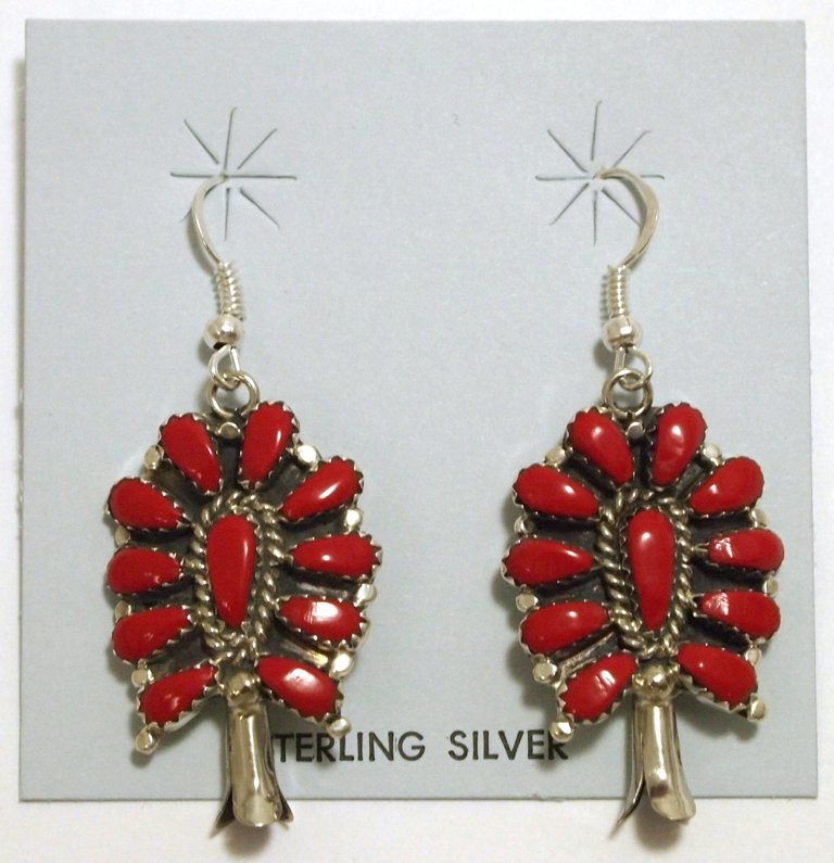 Navajo Coral Sterling Silver Squash Blossom French Hook: Navajo Coral Sterling Silver Squash Blossom French Hook Earrings - Lisa Williams Measure 2 tall by 7/8" wide. Weight: 7.8g SKU: ea0330"