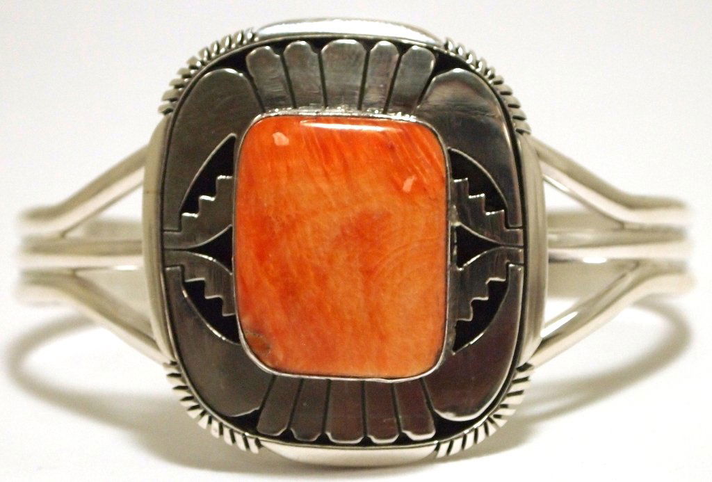 Navajo Spiny Oyster Sterling Silver Cuff Bracelet - Eug: Navajo Spiny Oyster Sterling Silver Cuff Bracelet - Eugene Belone Measures 5-3/4 around with a 1" gap, 1-1/2" wide. Weight: 39.2g SKU: br1640"