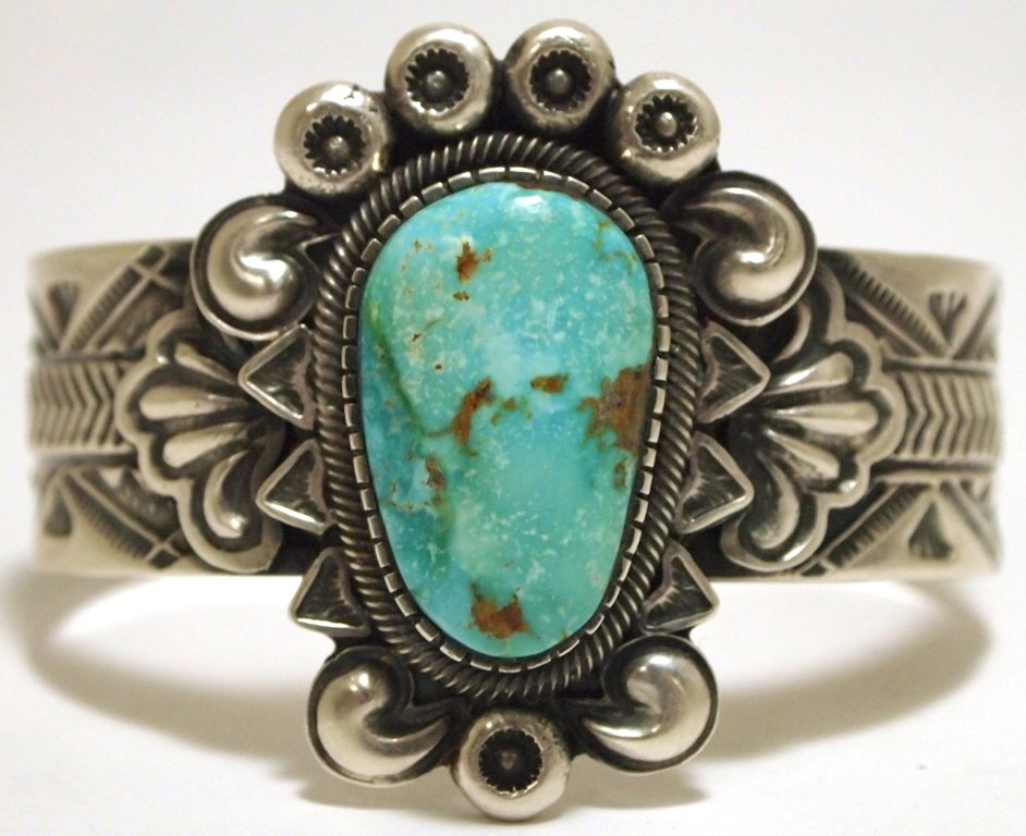 Old Pawn Navajo Mountain Turquoise Sterling Silver Cuff: Old Pawn Navajo Mountain Turquoise Sterling Silver Cuff Bracelet - Leon Martinez Measures 5-1/4 around with a 1" gap, 1-3/4" wide. Weight: 67.3g SKU: br1590"